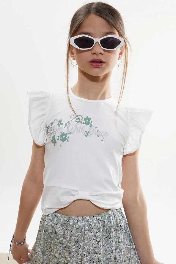 Haki Çiçek Desenli Etekli Baskılı Tişörtlü Kız Çocuk Takım 18502 - 2