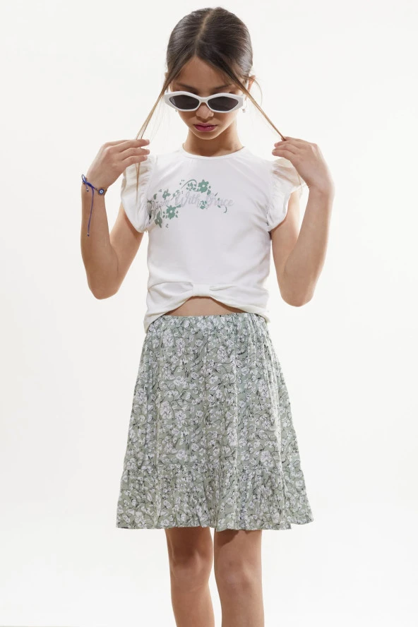 Haki Çiçek Desenli Etekli Baskılı Tişörtlü Kız Çocuk Takım 18502 - 4