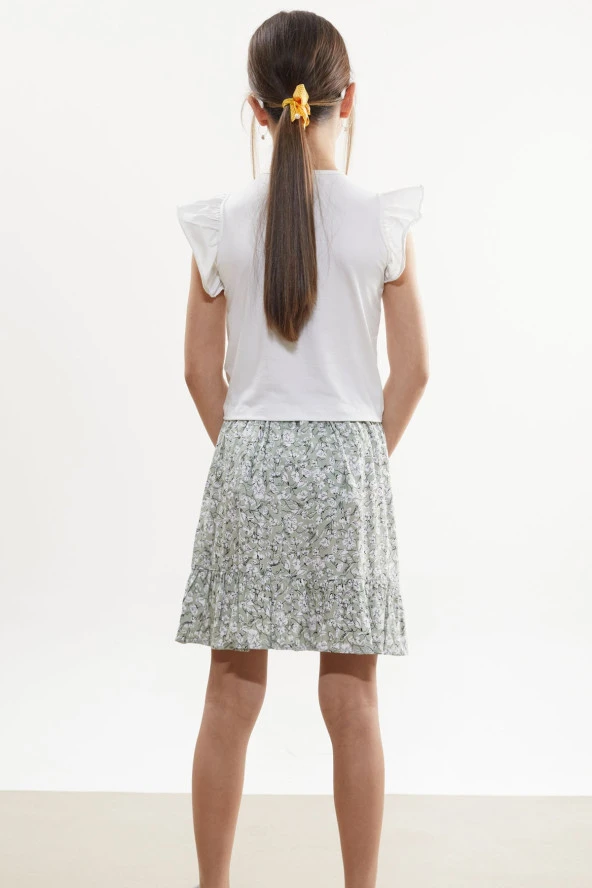 Haki Çiçek Desenli Etekli Baskılı Tişörtlü Kız Çocuk Takım 18502 - 5