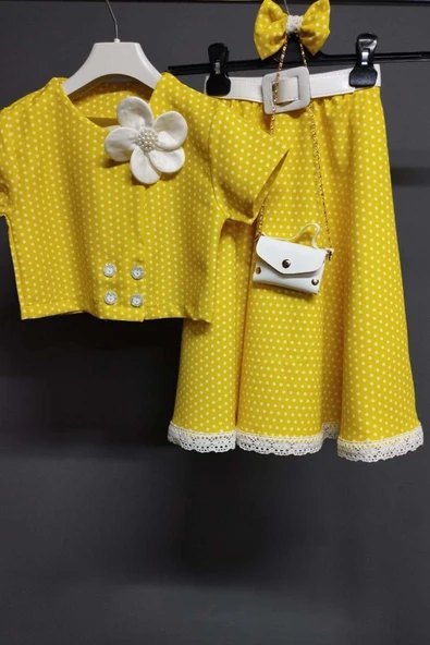 Kız Çocuk Puantiyeli Düğme Detaylı Sarı Etekli Takım - Resim 4