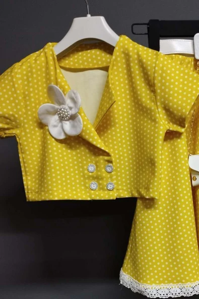 Kız Çocuk Puantiyeli Düğme Detaylı Sarı Etekli Takım - Resim 2