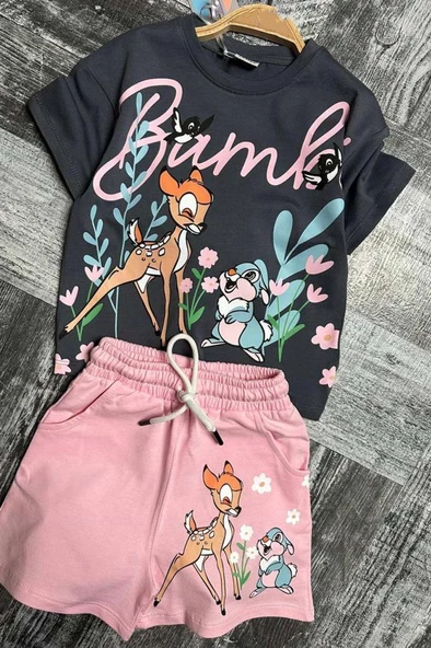 Kız Çocuk Bambi Baskılı Pembe Şortlu Takım