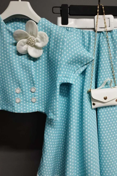 Kız Çocuk Puantiyeli Düğme Detaylı Mavi Etekli Takım - Resim 4