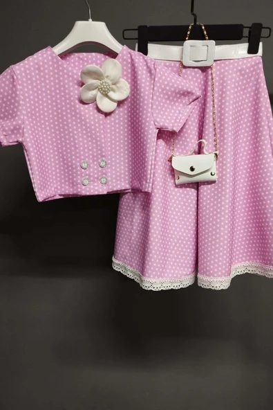 Kız Çocuk Puantiyeli Düğme Detaylı Pembe Etekli Takım - Resim 5
