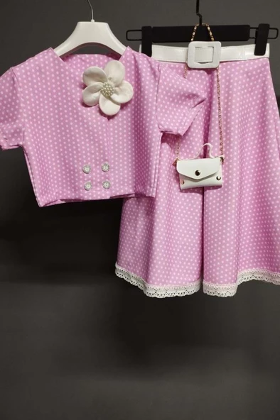Kız Çocuk Puantiyeli Düğme Detaylı Pembe Etekli Takım ürün görseli