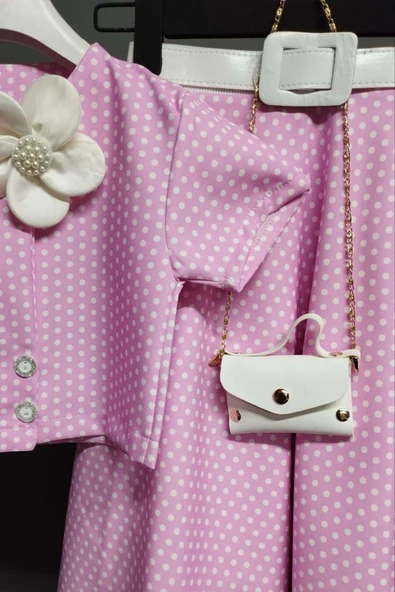 Kız Çocuk Puantiyeli Düğme Detaylı Pembe Etekli Takım - Resim 8