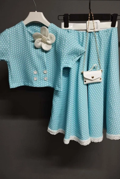 Kız Çocuk Puantiyeli Düğme Detaylı Mavi Etekli Takım ürün görseli