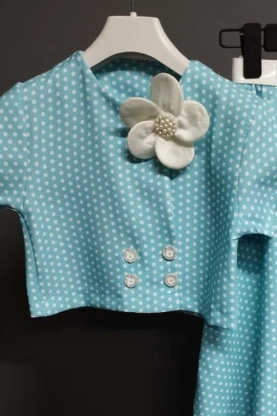 Kız Çocuk Puantiyeli Düğme Detaylı Mavi Etekli Takım - Resim 2