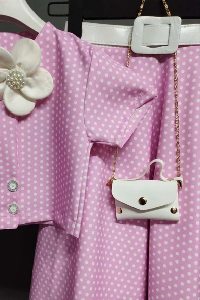 Kız Çocuk Puantiyeli Düğme Detaylı Pembe Etekli Takım - Resim 4