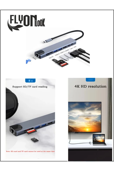 8 In 1 type-c 3.1 4K HDMI Adaptörü ile SD/TF Kart Okuyucu PD Hızlı Şarj için  Ethernet Girişli - 3
