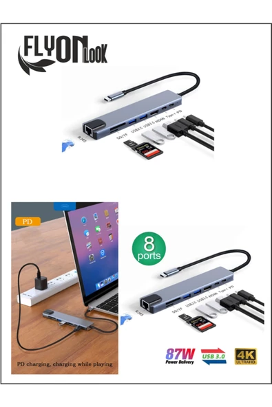 8 In 1 type-c 3.1 4K HDMI Adaptörü ile SD/TF Kart Okuyucu PD Hızlı Şarj için  Ethernet Girişli - 5
