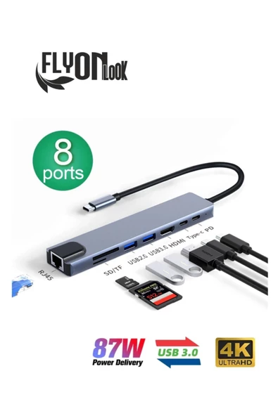 8 In 1 type-c 3.1 4K HDMI Adaptörü ile SD/TF Kart Okuyucu PD Hızlı Şarj için  Ethernet Girişli - 2