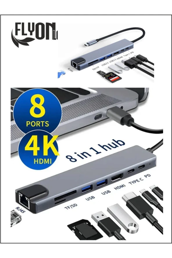 8 In 1 type-c 3.1 4K HDMI Adaptörü ile SD/TF Kart Okuyucu PD Hızlı Şarj için  Ethernet Girişli