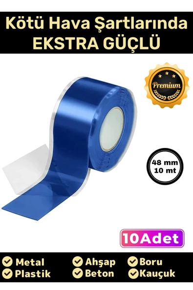Süper Güçlü Su Geçirmez Sızdırmaz Mavi Renk Çok Amaçlı Tamir İzolasyon Bandı 48mm x 10m - 10 Adet - 1