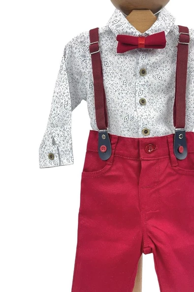Erkek Bebek Takım Gömlek Pantalon Papyonlu Askılı Kırmızı - Resim 2