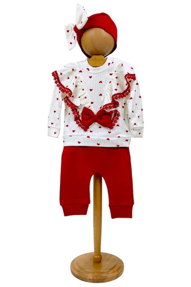 Kız Bebek Alt Üst Takım 3'lü Kalpli Dantelli Bandana - 3