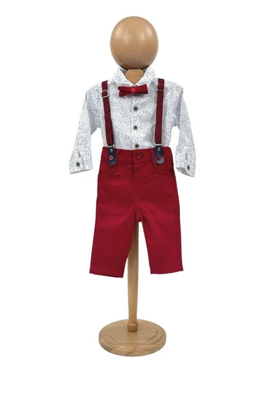 Erkek Bebek Takım Gömlek Pantalon Papyonlu Askılı Kırmızı - Resim 3
