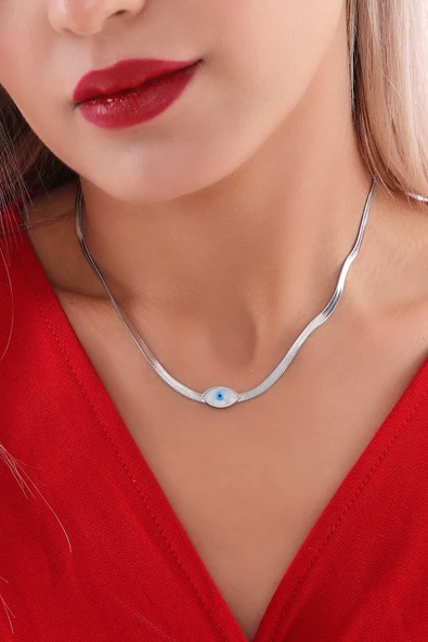 Kadın  Nazar Boncuklu Göz Çelik Kolye - Resim 2