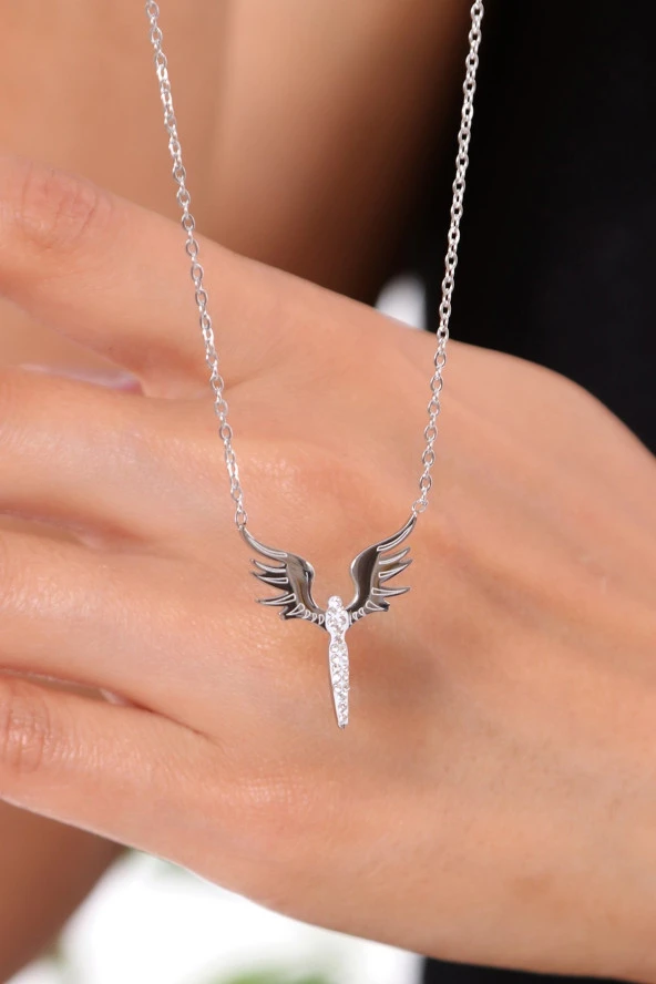 Kadın  Melek  Kolye Gümüş Renk Çelik - Resim 3