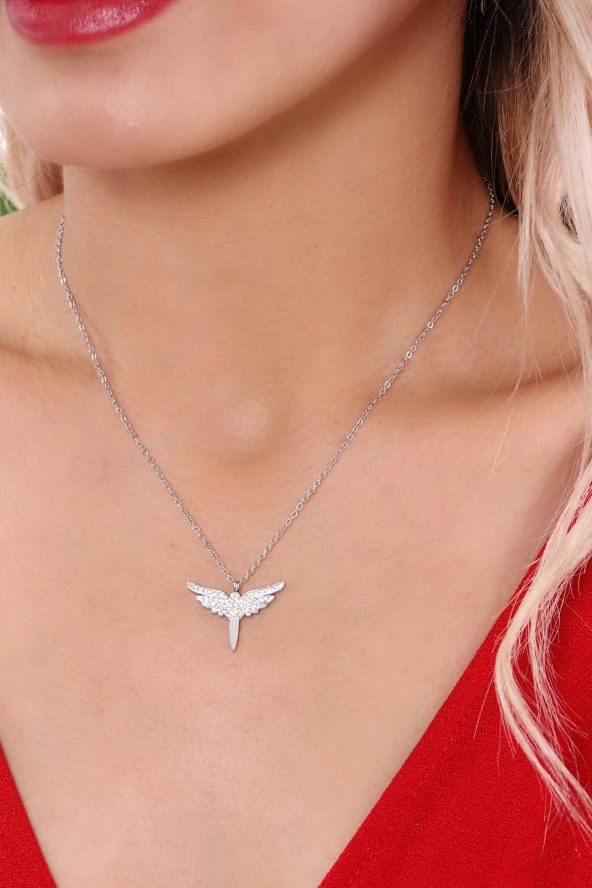 Kadın  Beyaz Kanat Melek Kolye Çelik - Resim 2