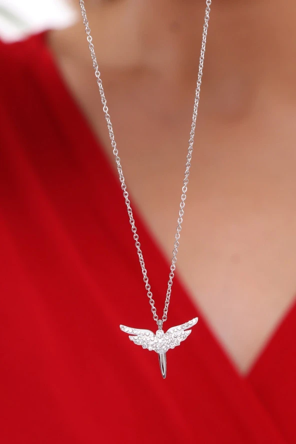 Kadın  Beyaz Kanat Melek Kolye Çelik - Resim 3