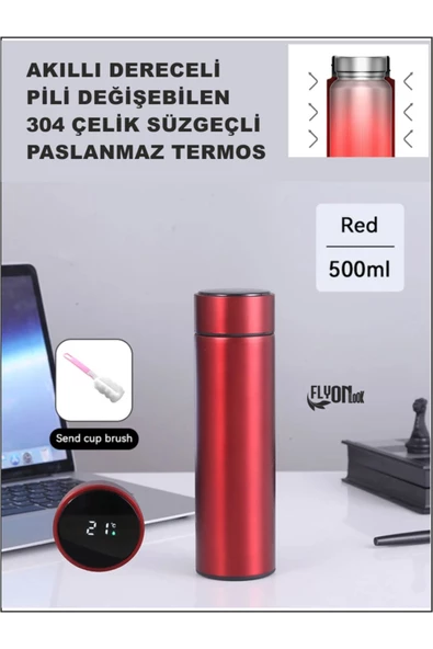 Derece Göstergeli  Çelik  Termos Pili Değişebilen Kamp,Araç,Ofis Süzgeçli Yeni Nesil Akıllı Mug