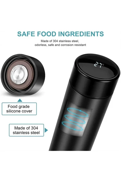 Derece Göstergeli  Çelik  Termos Pili Değişebilen Kamp,Araç,Ofis Süzgeçli Yeni Nesil Akıllı Mug - 5