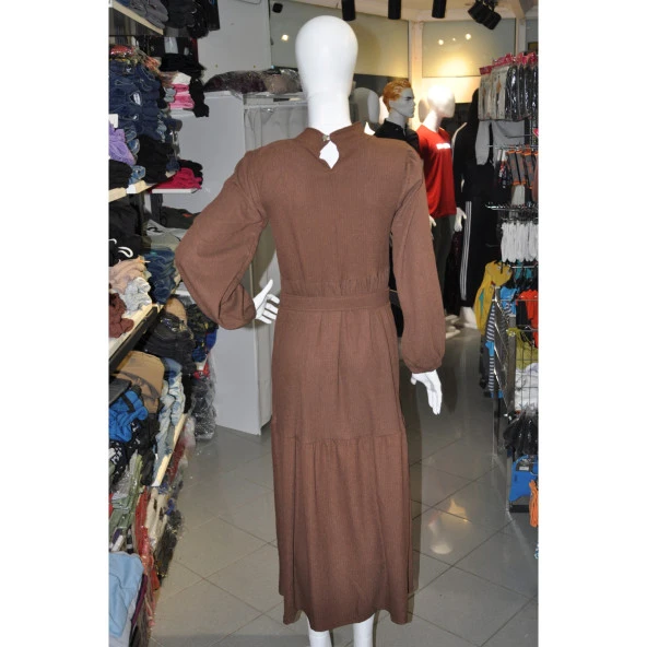 KAHVE RENGİ UZUN ELBİSE - 4