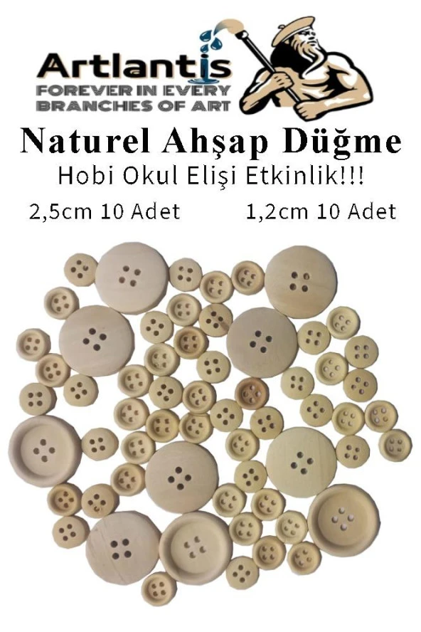 Düğme Naturel Ahşap 60 Adet 1 Paket Okul Kreş Sanat Etkinlik Anasınıfı 1,2cm 50 Adet 2,5cm 10 Adet