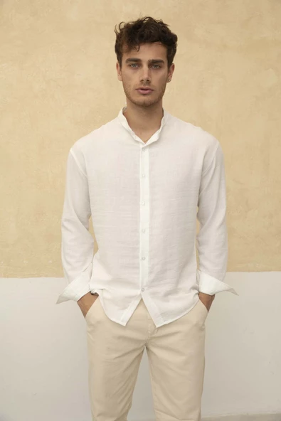 Slim Fit Dar Kalıp Uzun Kol Hakim Yaka Pamuklu Keten Efekt Gömlek - 7