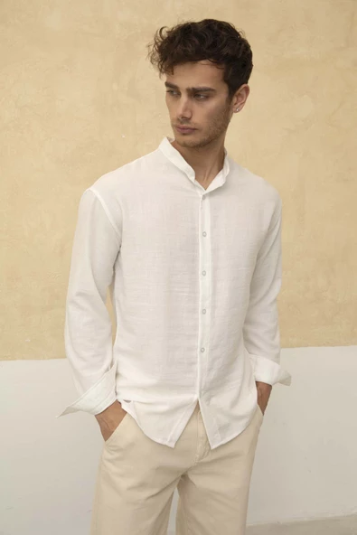 Slim Fit Dar Kalıp Uzun Kol Hakim Yaka Pamuklu Keten Efekt Gömlek - 10