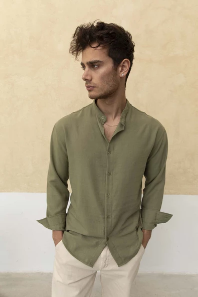 Slim Fit Dar Kalıp Uzun Kol Hakim Yaka Pamuklu Keten Efekt Gömlek - 5