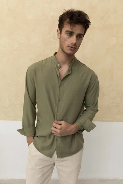 Slim Fit Dar Kalıp Uzun Kol Hakim Yaka Pamuklu Keten Efekt Gömlek - 4