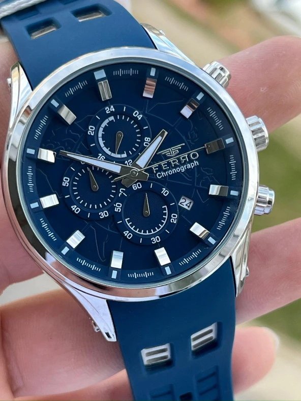 Ferro İç Fonksiyonları Aktif Lacivert Renk Slikon Kordon 30 Mt Su Geçirmez Erkek Kol Saat EF31354-L - Resim 2