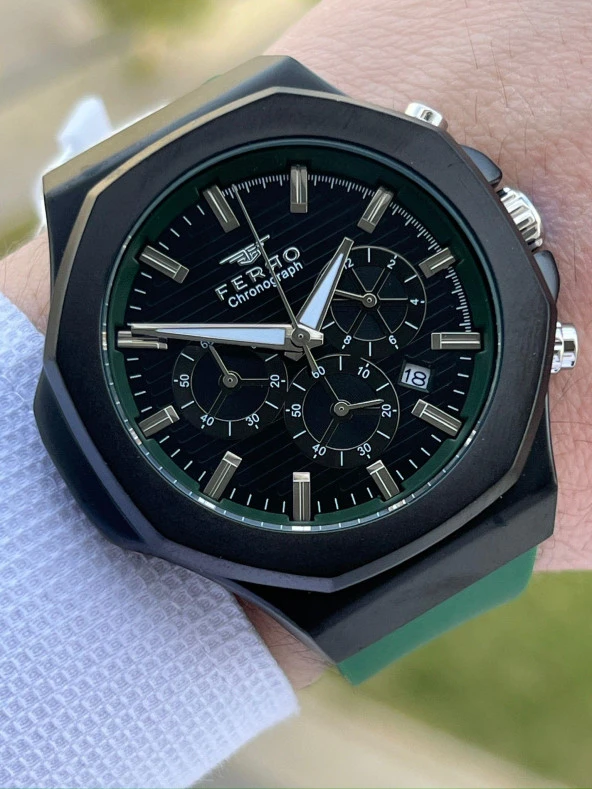 Ferro İç Fonksiyonları Aktif Yeşil Renk Slikon Kordon 30 Mt Su Geçirmez Erkek Kol Saat EF313948-ZJ ürün görseli