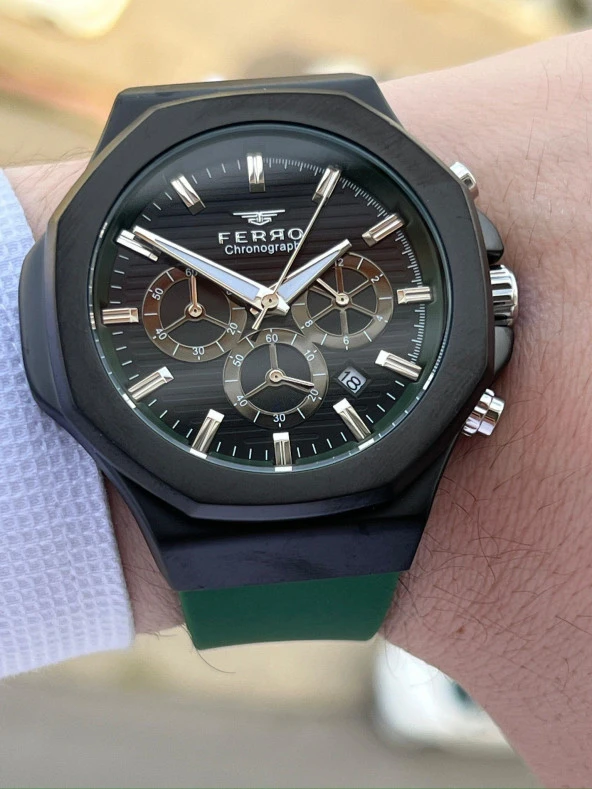 Ferro İç Fonksiyonları Aktif Yeşil Renk Slikon Kordon 30 Mt Su Geçirmez Erkek Kol Saat EF313948-ZJ - Resim 2