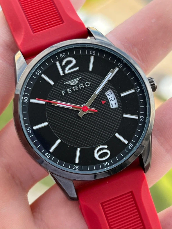 Ferro Takvimli Aktif Kırmızı Renk Slikon Kordon 30 Mt Su Geçirmez Erkek Kol Saat EF11316-ZK - Resim 2