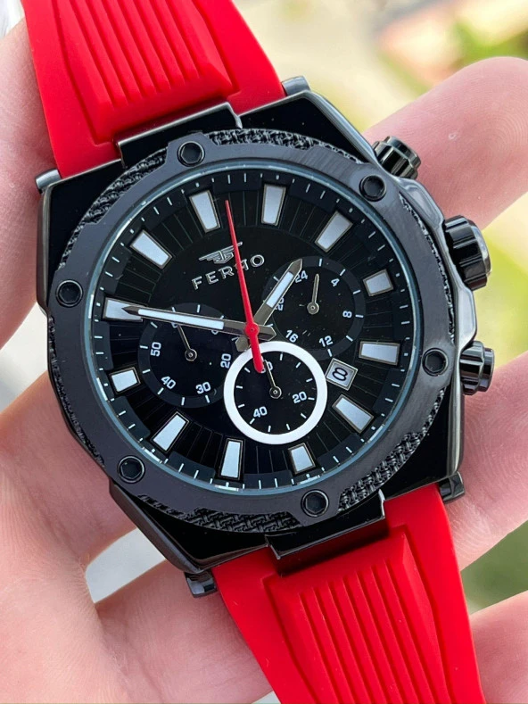 Ferro İç Fonksiyonları Aktif Kırmızı Renk Slikon Kordon 30 Mt Su Geçirmez Erkek Kol Saat EF31396-ZK - Resim 3