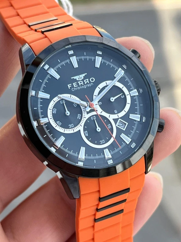 Ferro İç Fonksiyonları Aktif Turuncu Renk Slikon Kordon 30 Mt Su Geçirmez Erkek Kol Saat EF31360-ZL - Resim 2