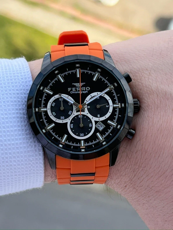 Ferro İç Fonksiyonları Aktif Turuncu Renk Slikon Kordon 30 Mt Su Geçirmez Erkek Kol Saat EF31360-ZL - Resim 3