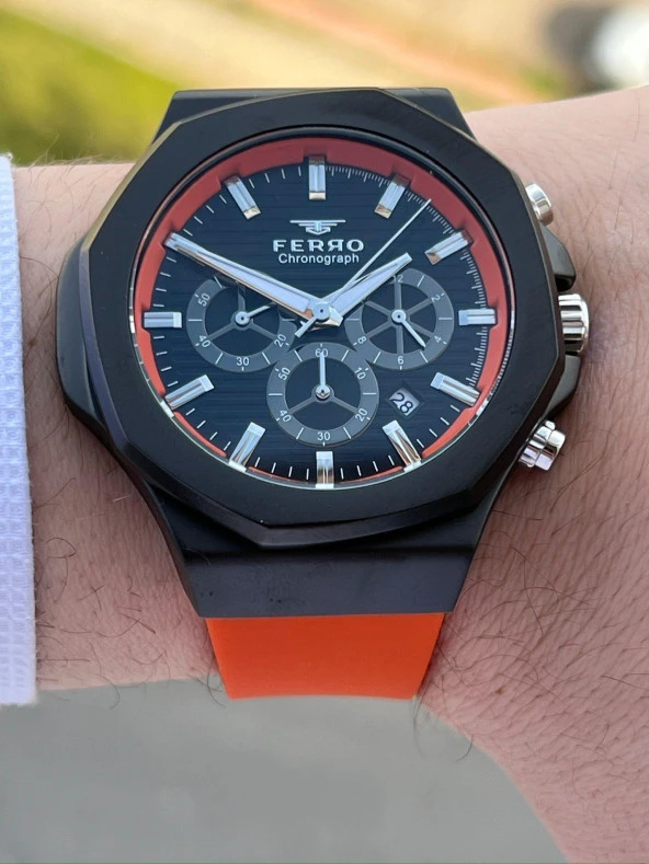 Ferro İç Fonksiyonları Aktif Turuncu Renk Slikon Kordon 30 Mt Su Geçirmez Erkek Kol Saat EF31348-ZL - Resim 3