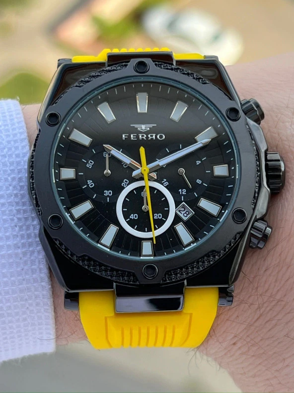 Ferro İç Fonksiyonları Aktif Sarı Renk Slikon Kordon 30 Mt Su Geçirmez Erkek Kol Saat EF31396-ZN - Resim 3