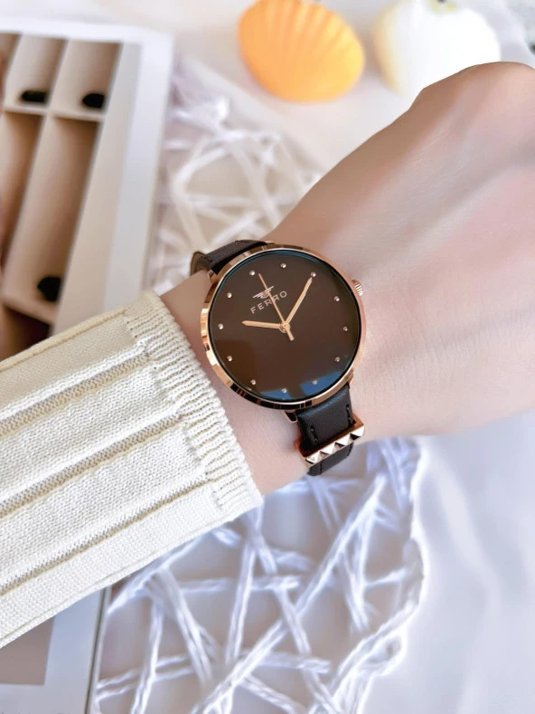 Ferro Deri Kordonlu Kararma Renk Atmaz 30 Metre Suya Dayanıklı Özel Tasarım Kadın Kol Saati 2108B-S6 - Resim 3