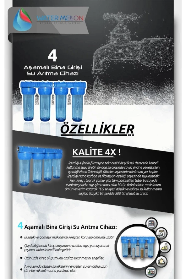 Daire Bina Sayaç Girişi 10" Inc 4 Aşama Su Arıtma Cihazı (İLETKENLİK DÜŞÜRÜCÜ YUMUŞATMA SİSTEMİ) - Resim 2