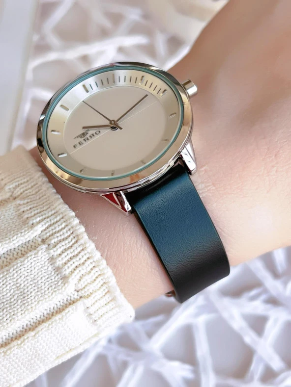 Ferro Deri Kordonlu Kararma Renk Atmaz 30 Metre Suya Dayanıklı Özel Tasarım Kadın Kol Saati BF1926BT - Resim 2