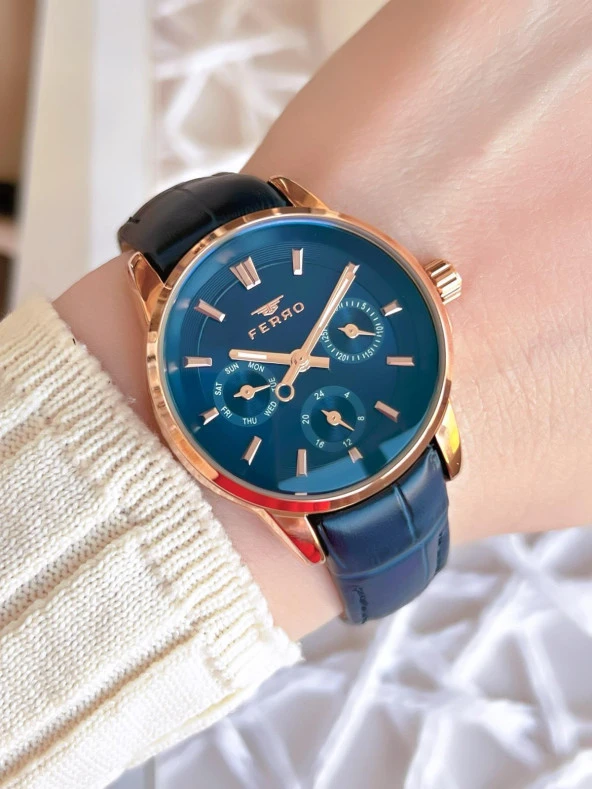 Ferro Deri Kordonlu İç Fonksiyonları Çalışır 3 Atm+Takvim Özel Tasarım Kadın Kol Saati BFM1905BWT ürün görseli