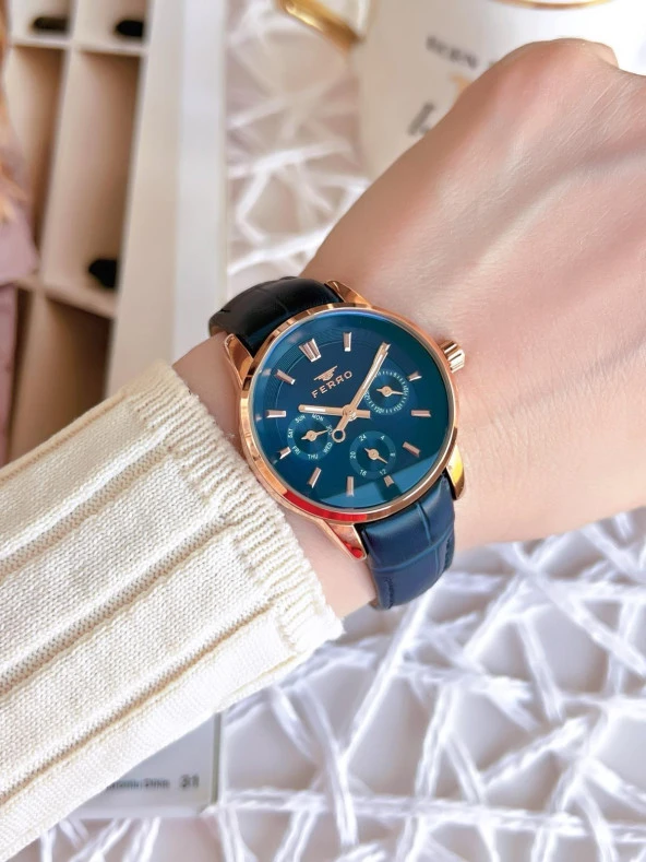 Ferro Deri Kordonlu İç Fonksiyonları Çalışır 3 Atm+Takvim Özel Tasarım Kadın Kol Saati BFM1905BWT - Resim 3