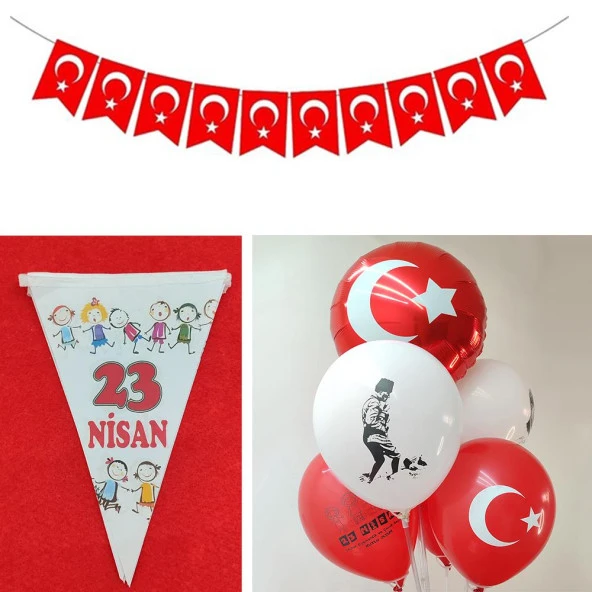 23 Nisan Temalı Balon Bayrak Süsleme Seti 13 Parça - Beyaz