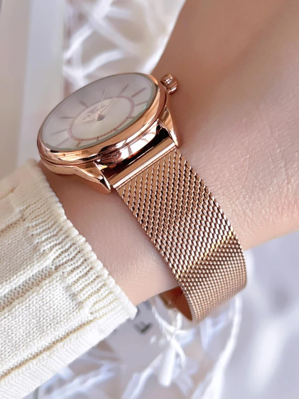 Ferro Hasır Kordonlu Rose Gold Kararmaz Renk Atmaz 3 Atm  Özel Tasarım Kadın Kol Saat 21152CWT-C - Resim 3
