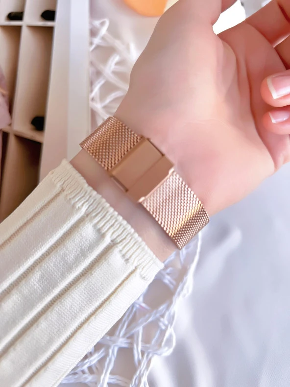 Ferro Hasır Kordonlu Rose Gold Kararmaz Renk Atmaz 3 Atm  Özel Tasarım Kadın Kol Saat 21152CWT-C - Resim 4